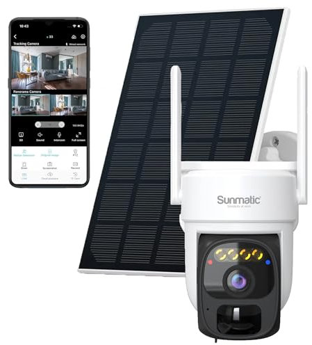 Sunmatic Telecamera di Sorveglianza 3MP – Connessione Wireless, Rilevamento Intelligente, Visione Notturna a Colori, Zoom Digitale, Pannello Solare 5W, Intercom Bidirezionale, Archiviazione Cloud