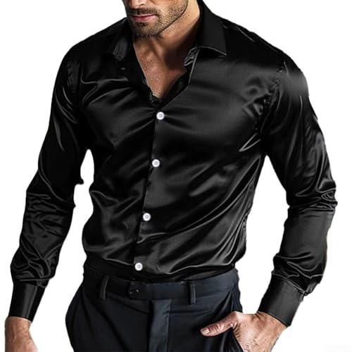 Chemise boutonnée à manches longues en satin de soie pour homme - Chemise décontractée pour discothèque, fête de mariage (XL noir)