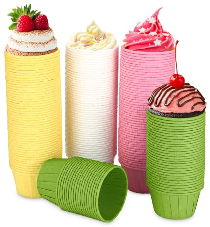 200 stycken pappersmuffins pappersformar, muffins bakformar, fettsäkra cupcake-formar, engångs bakformar i grönt rosa gul och vit, för bakning, dessert, fest, födelsedag, bröllop