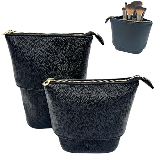 JAZD Convertible Travel Makeup Brush Bag, Stand-Up Brush Holder Pouch For Easy Access, Cosmetic Case Organizer (BLACK)