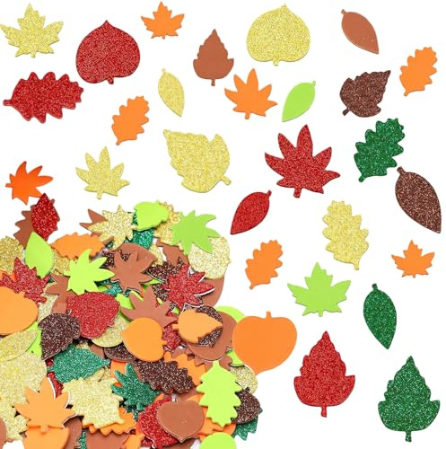 200pcs Fall Leaf Foam Sticker, Fall Leaf Glitter Craft Stickers, Maple Leaf Stickers, Various Autumn Leaf Decorations, Autumn Foam Sticker for Kids Thanksgiving Party Favors DIY Crafts Decorations