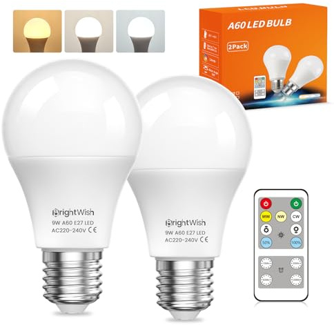 Bombillas LED A60 con Mando a Distancia, 9W 700LM Equivalente a 60W,Bombilla LED E27, 3000K Cálida/4000K Neutra/6000K Fría, Bajo Consumo, Bombilla Rosca Edison, Regulables, Luz Nocturna, Pack de 2
