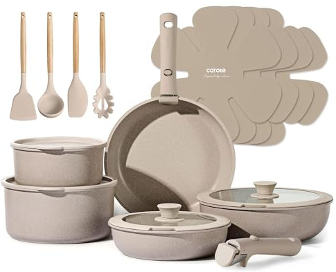 CAROTE 19pcs Pots and Pans Set Non Stick, Nonstick Cookware Set Detachable Handle, Induction Kitchen Cooking Sets with Removable Handle, RV Kitchen, Oven Safe, Taupe