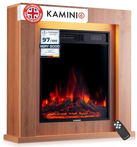 KAMINIO Camino elettrico Matti - Caminetto da pavimento con riscaldamento, effetto fiamma 3D, luce ambiente a LED, telecomando - 32 pollici (Querica)