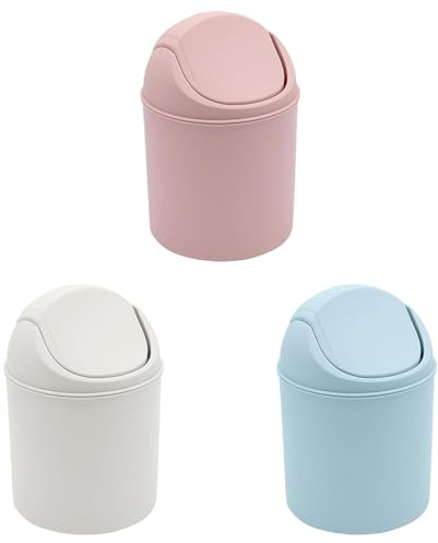 Tiny Desktop Dustbin, Trash Bin for Dressing Table, Mini Plastic Desk Bin with Lid, Countertop Garbage Storage Bucket for Bedrooms, Bathroom, Kitchen (Set of 3)