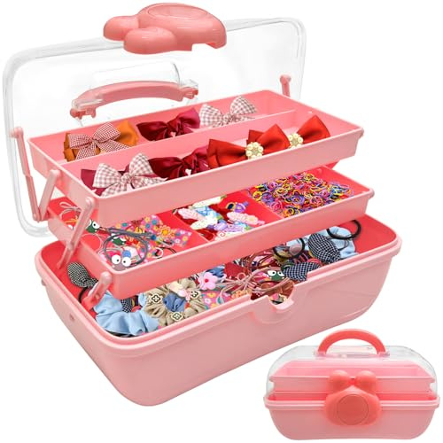 FMOACEN 3-Tier Lockable Hair Accessories Organizer for Girls - Foldable Craft Storage Box Pink Plastic box with 2 Trays for Headbands, Art Supplies, Beads & Washi Tapes