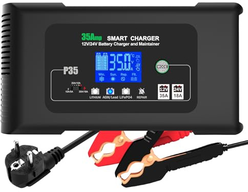 Haisito Bilbatteriladdare P35 12 V/24 V intelligent helautomatisk batterihållare, lämplig för LiFePO4 litiumbatterier, blysyra (AGM, gel osv.), bilar, motorcyklar, båtar, gräsklippare etc.