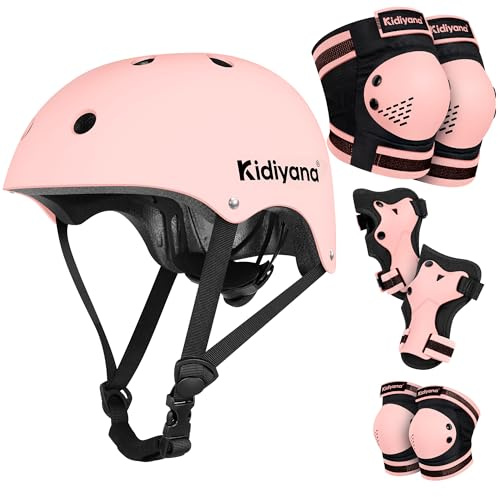 Kidiyana Barnskyddsset + barnhjälm (48–54 cm) – 6-i-1 skyddset med knäskydd, armbågsskydd och handledsskydd för skoter, inliner, skateboard och cykel, S (2–6 år), rosa