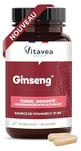 Vitavea Bien-être – Ginseng, Vitamine C & B5 – Complément alimentaire Vitalité & Tonus – Réduction de la fatigue – Vitamine B5 – 45 gélules végétales – Fabriqué en France