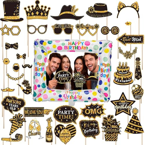 39 PCS Photo Booth Props, Party Props, Photo Props, Includes 1 Inflatable Selfie Frame & 38 Props, Reusable for Birthday Parties, Weddings & Events, Black Gold