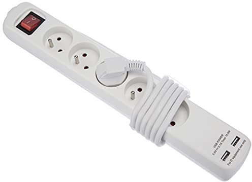 Voltman DIO013038 - Regleta con 5 enchufes (10 a 16 A, 2 puertos USB, con interruptor)