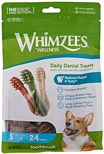 WHIMZEES Zahnbürste, Kaustangen für kleine Hunde, Hundesnack zur Zahnpflege, Größe S, 24 Stück, ohne Zuckerzusatz, getreidefrei, natürlich, fettarm