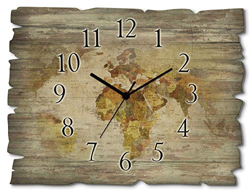 ARTLAND Wanddeko Wanduhr ohne Tickgeräusche aus Holz Funkuhr 40x30 cm Rechteckig Lautlos Weltkarte Kontinente Länder Retro Vintage Originell T9NI
