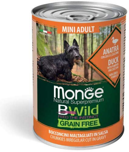 Monge Alimento Cibo Umido per Cani Bwild Grain Free Mini Adult Anatra Zucca ZUCCHINE GR.400X24PZ