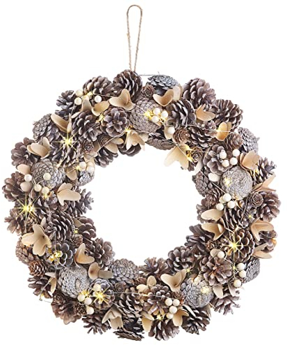 infactory Kranz: Advents- und Weihnachtskranz mit LED-Beleuchtung, beige/braun, Ø 44 cm (Türkränze Weihnachten, LED-Türkranz Weihnachten, Lichterkette)