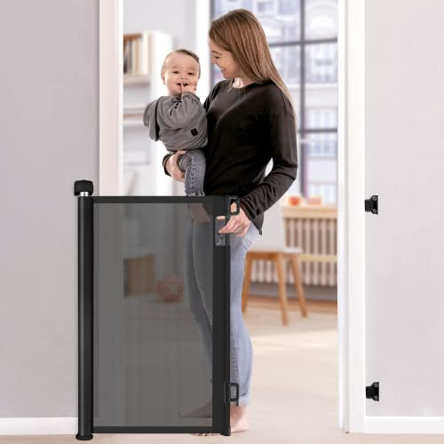 Retractable Baby Gate, Upgraded Pet Gate with Fiberglass, Extends to 140 cm Wide, 84 cm Tall, Mesh Dog Gate for Stairs, Indoors, Outdoors and Hallways, Black