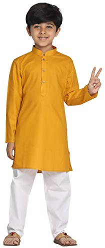 VASTRAMAY Solid Color Boys Cotton Kurta with Full Sleeves, Mandarin Collar and Wooden Buttons - White Elastic Waist Pajama Set for Festival/Wedding, Mustard & White, 11-12 Y