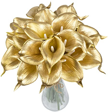 Coferset 20Pcs Fake Calla Lily Flowers Real Touch Latex Artificial Calla Lilies Flowers for Home Wedding Bouquet Baby Shower Centerpieces Party Decor (Gold)