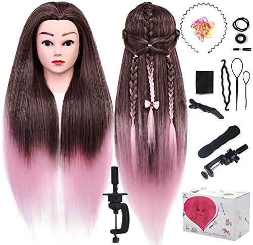 TopDirect 29 Hairdressing Training Mannequin Head, 100% Synthetic Fiber Hair Mannequin Head, Hairdressing-head for Hair Styling with Table Clamp and DIY Braiding Set（Brown + Pink）