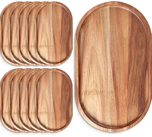 Rtteri 10 Pcs Wood Serving Tray Wooden Serving Platters Oval Charcuterie Boards Decorative Cheese Plates for Food Appetizer Dish Vegetable Fruit Snack Dessert Home Party Dinner Decor, 12 x 7 x 1