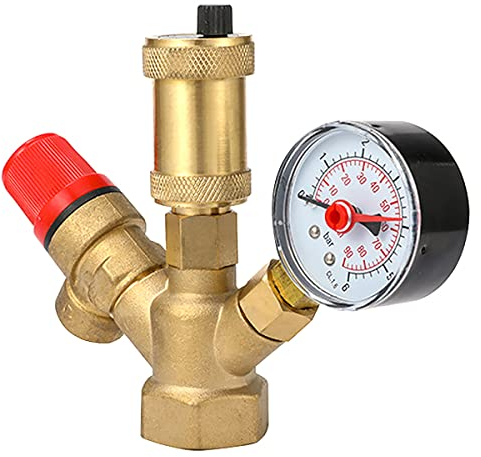DN25 Brass Boiler Valve, 3-6Bar Adjustable Relief Valve Pressure Regulator Pressure Reducer, Pressure Gauge Boiler Safety Components Solenoid Valve