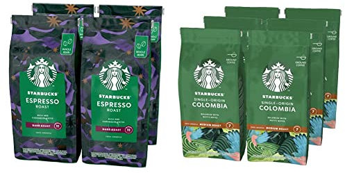 STARBUCKS Espresso Roast Café De Grano Entero De Tostado Intenso (4 Bolsa de 450g) & Single Origin Colombia Café molido De Tostado Medio 6 Bolsa de 200g