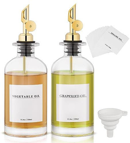Olive Oil Dispenser Bottle for Kitchen, Coffee Syrup Dispenser with Labels, Glass Oil and Vinegar Dispenser Set, Glass Cooking Oil Dispenser, Container, Cruet with Pourer Spout - 2pcs, 350ml