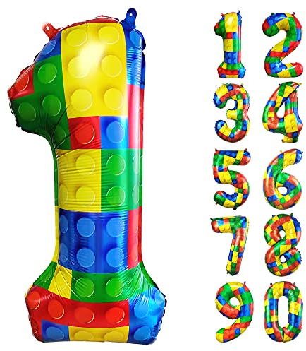CHANGZHONG® Baustein Geburtstag Ballon Zahl 1 in Farbe Riesen Folienballon Mylar luftballon für Mädchen Jungen Geburtstag Party Dekoration Supplies
