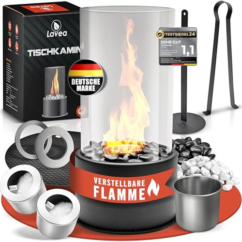 Tischkamin Ethanol Tischfeuer Indoor & Outdoor - Bioethanol Tischkamin Mit Verstellbarer Flamme - 2 Brennkammern für unendliche Brenndauer - Bio Ethanol Kamin mit Zwei Steinarten - Balkon Gartendeko