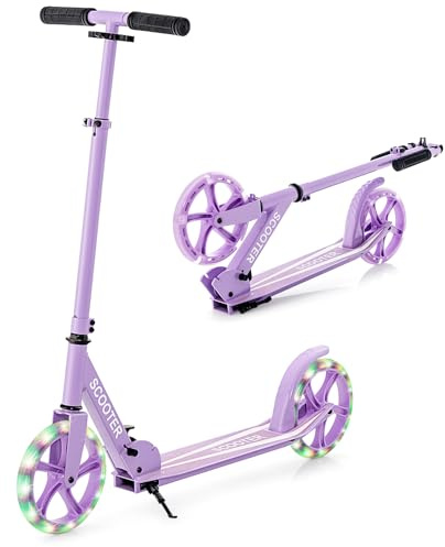 COSTWAY Folding Kick Scooter, 2 Flash Wheels Scooter with 3-Level Adjustable Handlebar and Rear Foot Brake, Lightweight Aluminum Sports Scooters for Kids Teens Adults (Purple, 20 cm)