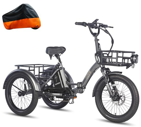 Fafrees F20 Mate E Bike trehjuling 48 V vikhjul [officiella ] 873,6 WH 20 tum kvinnor män mountainbike elcykel, 180 kg vuxna (främre lastkorg + liten bakre lastkorg, grå)