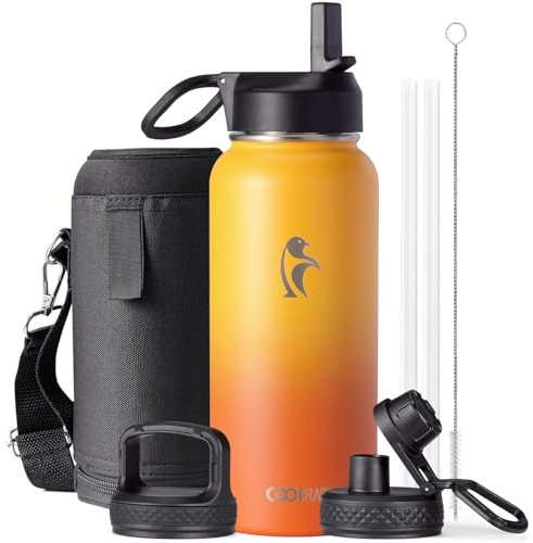 Water Bottle 1L Insulated with Straw, Coolflask Stainless Steel Metal 3 Lids Water Flask Wide Mouth for Sports or Office, Non-BPA Keep Cold Up to 48 Hrs or Hot Up to 24 Hrs, Ombre Yellow/Orange