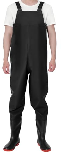 Blackwater PVC WADERS BLACK FLY FISHING BOOTED WITH BOOTS CHEST SIZE 8 9 10 WELLINGTON POND RUBBER STRONG WATERPROOF HUNTING MENS CARP COARSE QUICK RELEASE STRAPS BUCKLE (UK size 10)