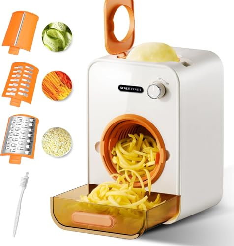 Electric Cheese Grater with 3 Set Blades, Automatic Efficient Slicer & Grater & Shredder for Carrot, Potato, Cabbage & More Vegetables/Salad/Cheese, 4 Large Feed Tube, Built-in Blade Storage Box
