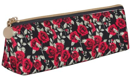 Red Rose Garden Printing Triangular Leather Pencil Case with Zipper Pen Pouchfor Boys Girls Pupil for Work and School