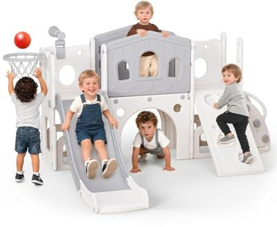 hoopyosms Gran Tobogán para Niños con Escalera, Plataforma, Túnel, Rampa de Escalada, Aro de Baloncesto y Telescopio Juguete, Parque de Juegos Interior y Exterior para Niños y Preescolares(Gris)