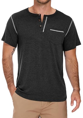 Camisetas Manga Corta Henley Hombre Cuello V Redondo Botones Transpirable Clásico Cómodo Negro XL