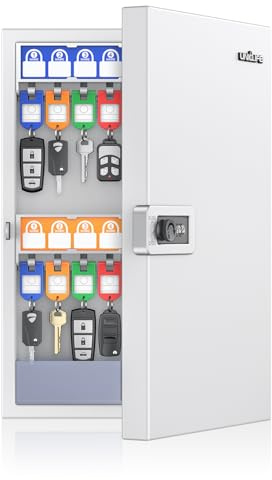 Uniclife 32 Llaves Caja Fuerte para Llaves, Caja de Llaves de Pared, Organizador de Llaves de Coche con Estantes y Etiquetas Escribibles, Caja de Almacenamiento de Llaves de Seguridad Oficina, Blanco