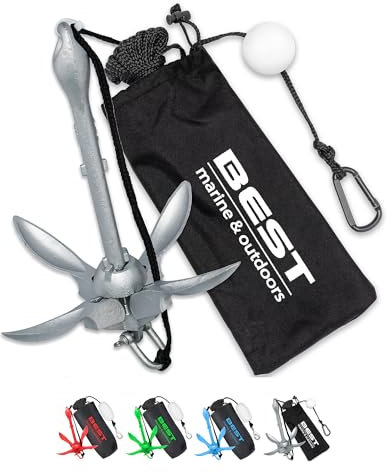 Best Marine Kajak Anker mit 12m Seil. Premium 1,6kg faltbares Anker Accessoire für Angeln, Kajaks, Kanus, Jet Skis, Stand Up Paddelboards und kleine Boote. Draggen Anker Flaschenzug-Kit Accessoire