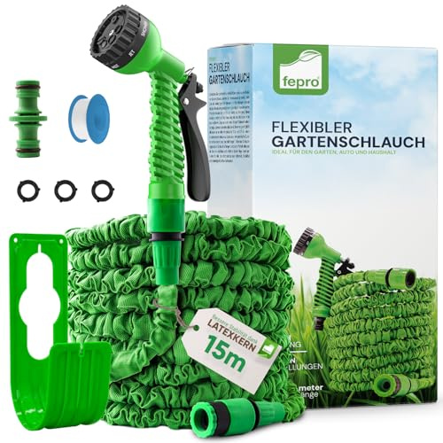 Florafix Flexibler Gartenschlauch, 15M 50FT FlexiSchlauch Schlauch Bewässerungs-Schlauch Wasserschlauch Dehnbar mit 8 Funktion Garten Handbrause aus robustem Kreuzgewebe (5,5M Ausgedehnt 15M)