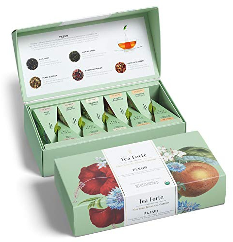 Tea Forte Premium Petite Presentation Box Gift Set Sampler, 10 Count, 2 of Each Blend Individually Wrapped Handcrafted Pyramid Infuser Bags, Fleur Tea