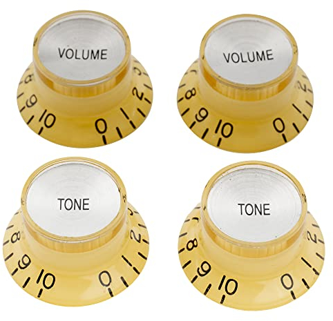 Musiclily Pro Metrische Größe 18 Splines 2 Volume 2 Tone Bell Potiknopfe Top Hat Reflector Knobs Set für Epiphone Les Paul SG Style E-Gitarre, Creme mit Silber Top (4er Set)