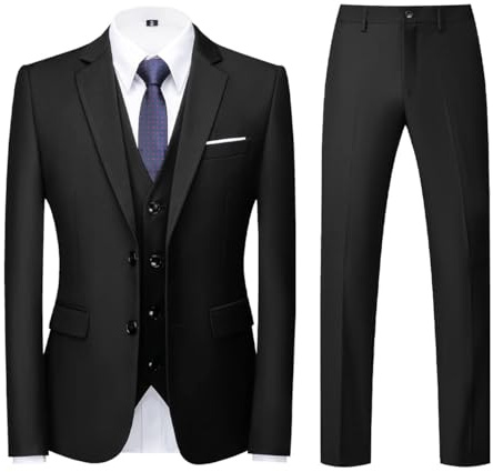 KUDORO Trajes de Hombre de 3 Piezas Ajuste Entallado Botonadura Simple Dos Botones Boda Negocios Esmoquin Traje Blazer Chaleco Pantalones, Negro, XXL
