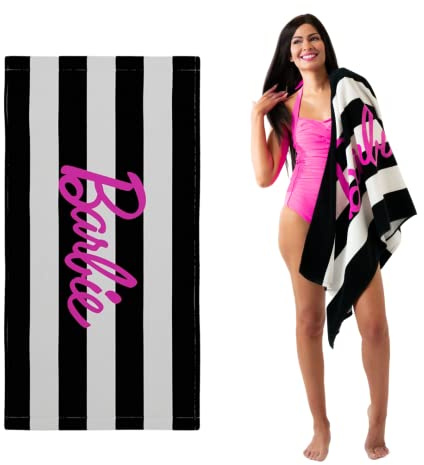 Barbie Barbiecore Black & White Striped Soft Cotton Bath/Pool/Beach Towel, 60 in x 30 in, (Official Licensed Barbie Product) By Franco