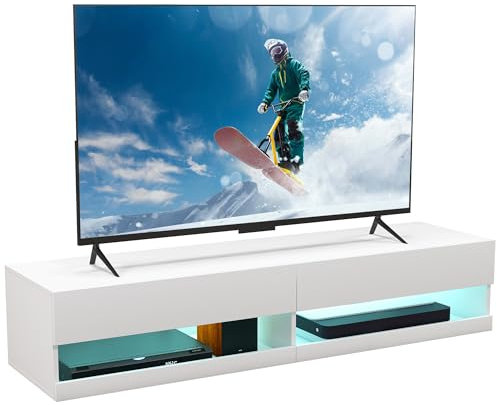 HOMCOM Floating TV Unit, Wall Mounted TV Cabinet for TVs up to 65, High Gloss Media Wall Unit with LED Lights, Storage Shelves for Living Entertainment Room, White