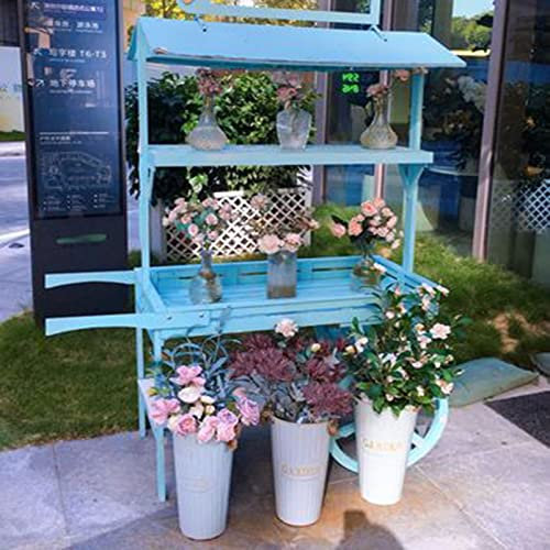 NOWLIN Carro de Flores de Madera Antiguo Estante de Flores Estante de exhibición de decoración de Tienda Carrito Retro de Patio Adecuado para Ventanas de Tienda (Blue)