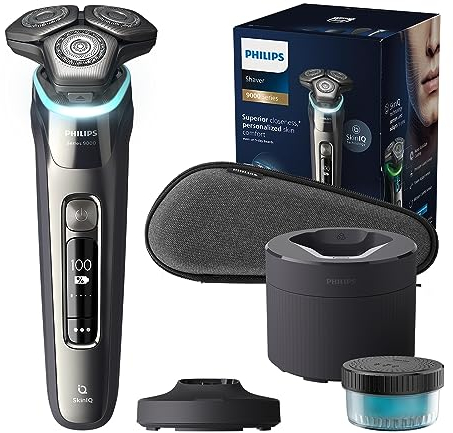 Philips Shaver S9000 – Elektrischer Nass-& Trockenrasierer für Männer, Dunkelchrom, Lift & Cut System, SkinIQ Technologie, Barttrimmer, Reinigungsstation, Ladestation & Reiseetui (Modell S9974/55)