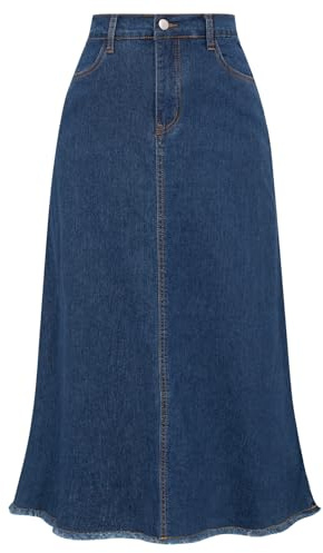 Belle Poque Women's Denim Blue Raw Hem Long Jean Skirt Vintage Knee Length A-Line Midi Plus Size Skirt with Pockets L
