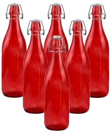 simpa 1 Litre Traditional Vintage Style Glass Bottles with Swing Top Lids - Set of 6 Red Bottles.