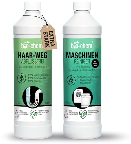 bio-chem Spülmaschinen DUO: Haar-Weg Abflussfrei Rohrreiniger 1l + Maschinenreiniger für Geschirrspüler 1l - Extra stark gegen Verstopfung, Kalk & Gerüche - materialschonend & geruchsneutral – DE